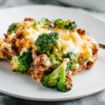 keto beef and broccoli casserole on white plate