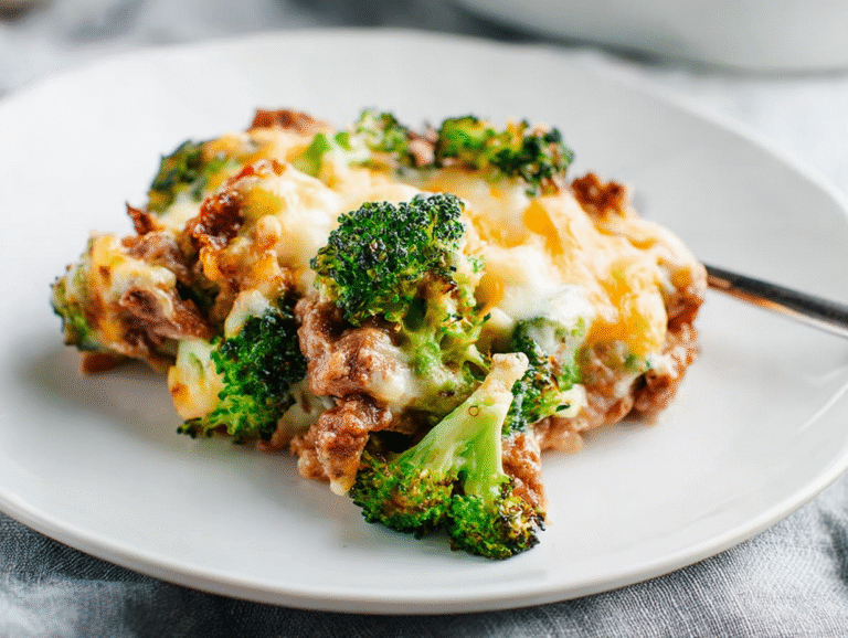 keto beef and broccoli casserole on white plate
