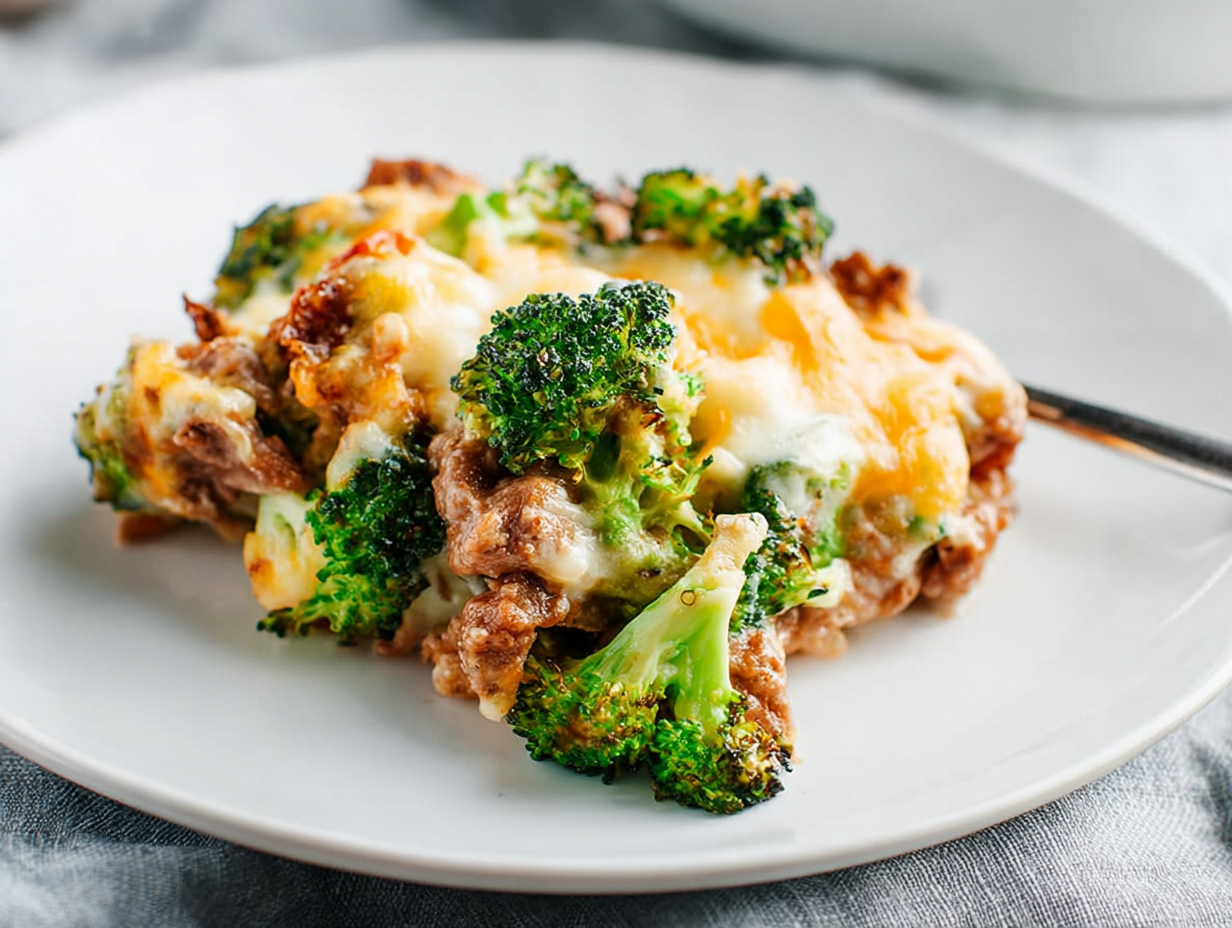 keto beef and broccoli casserole on white plate