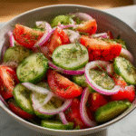 cucumber tomato salad in rustic bowl