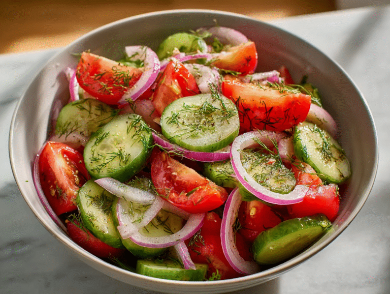 cucumber tomato salad in rustic bowl