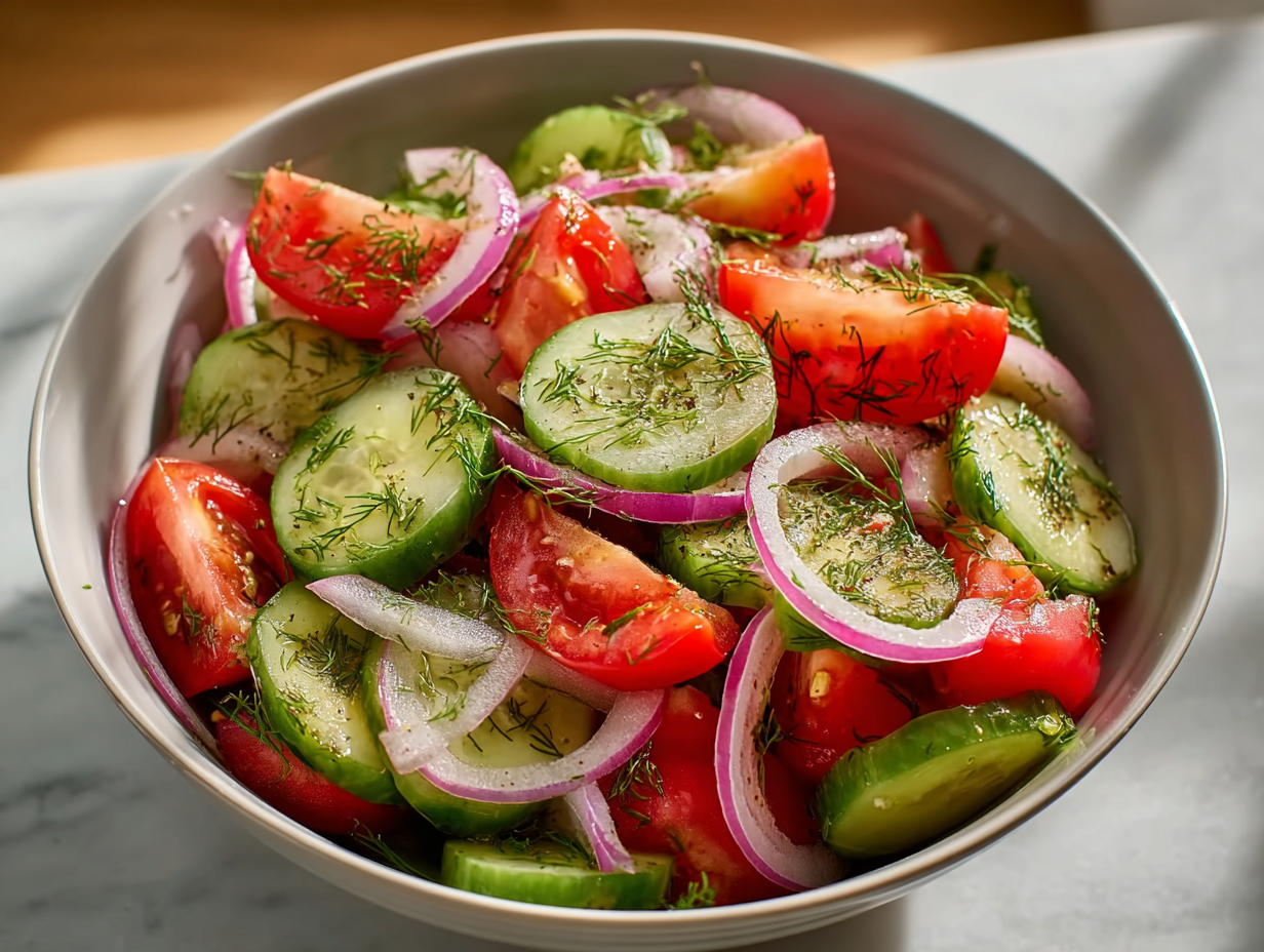cucumber tomato salad in rustic bowl