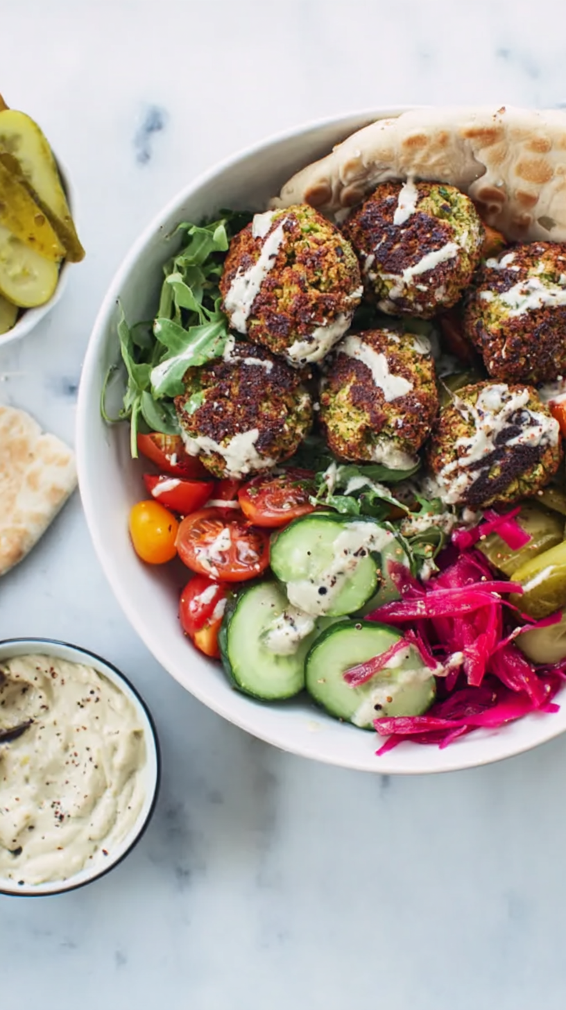 Cava falafel bowl with pita, tahini, and fresh vegetables
