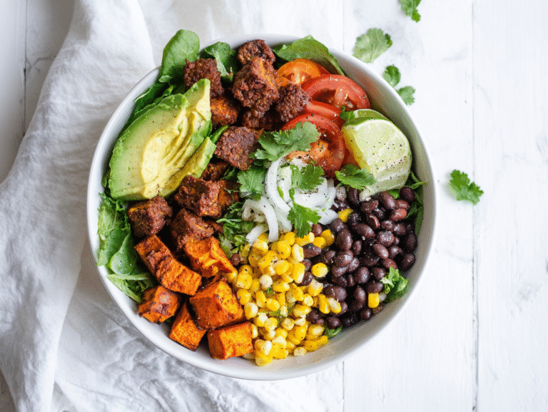 Sweet potato taco bowl with colorful toppings