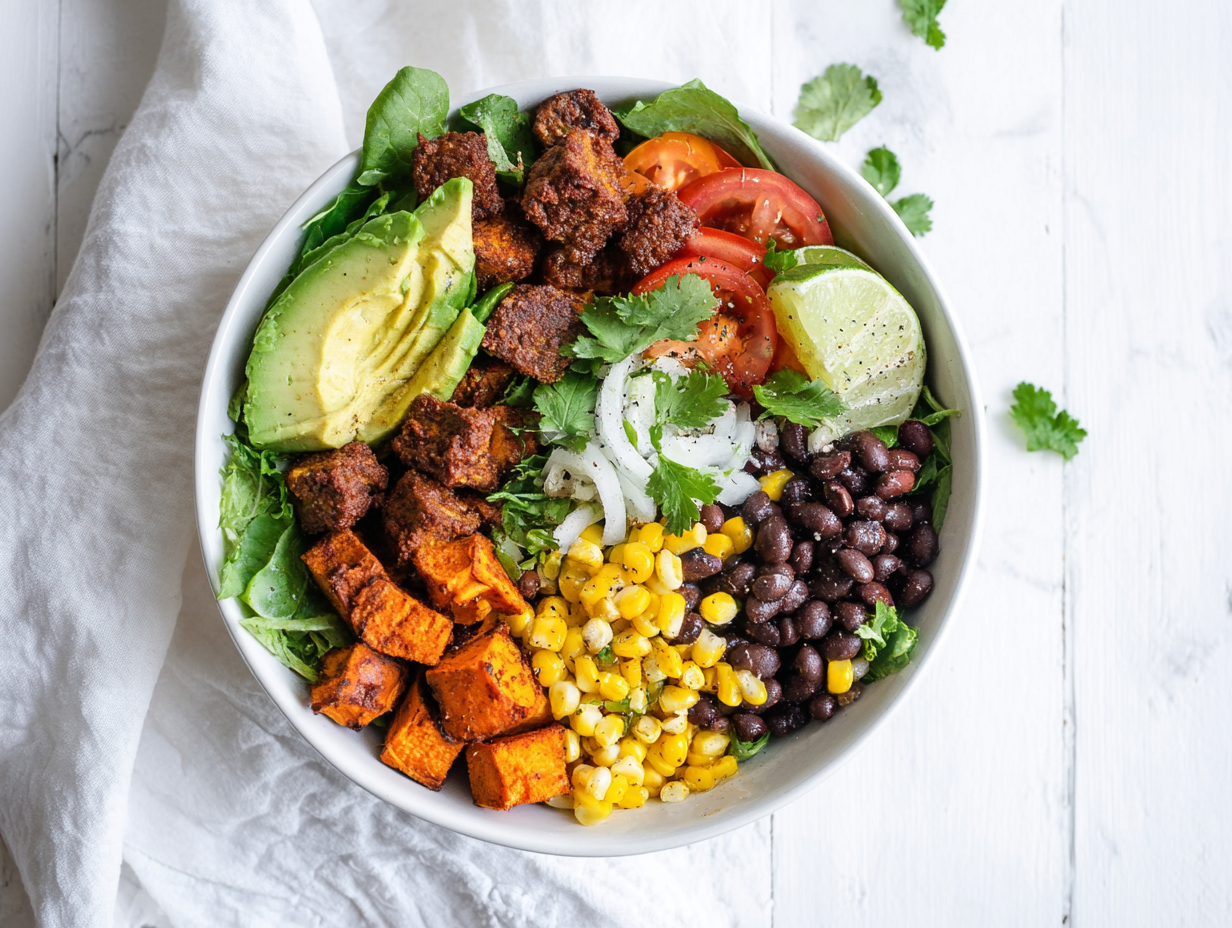 Sweet potato taco bowl with colorful toppings