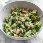 Garlicky Feta Broccoli Chicken Salad in rustic bowl