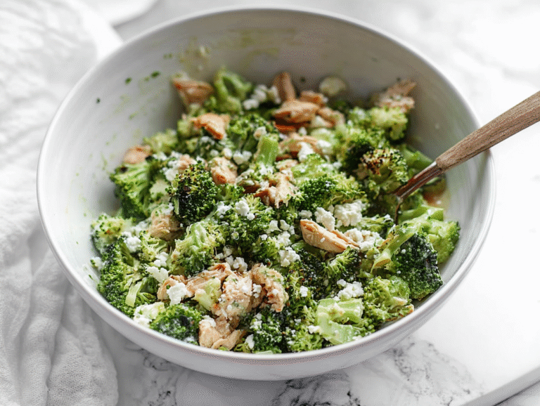 Garlicky Feta Broccoli Chicken Salad in rustic bowl