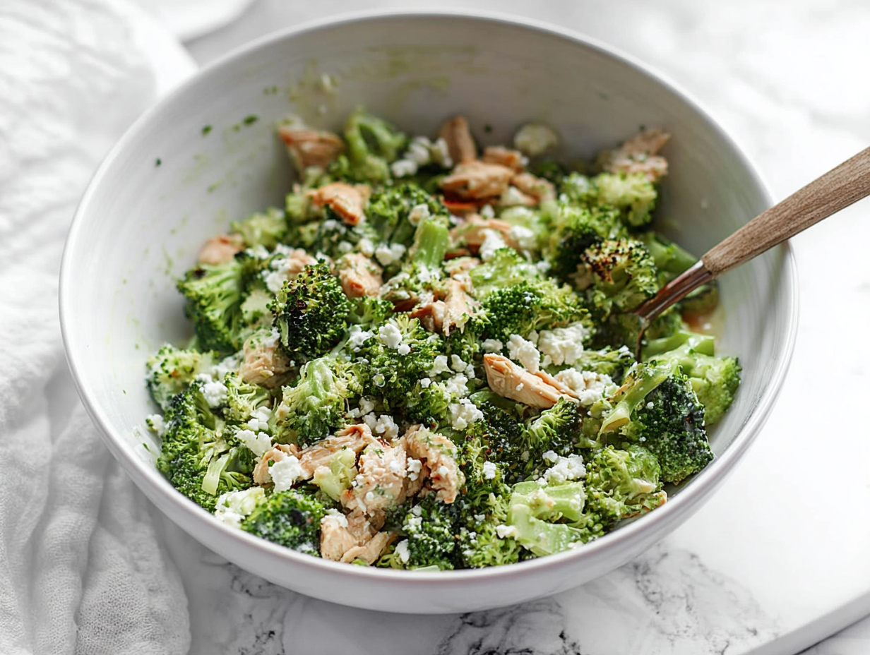 Garlicky Feta Broccoli Chicken Salad in rustic bowl