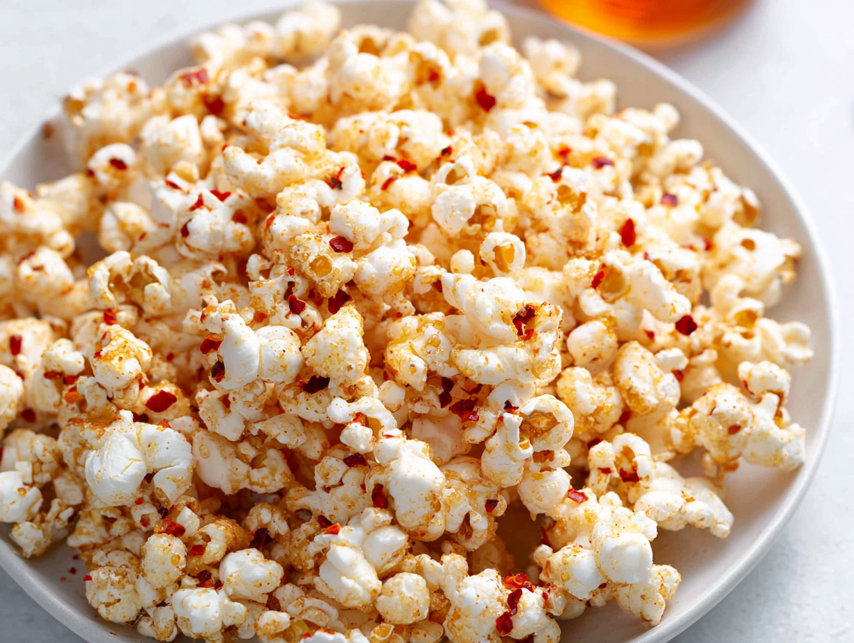 hot honey popcorn in a rustic bowl
