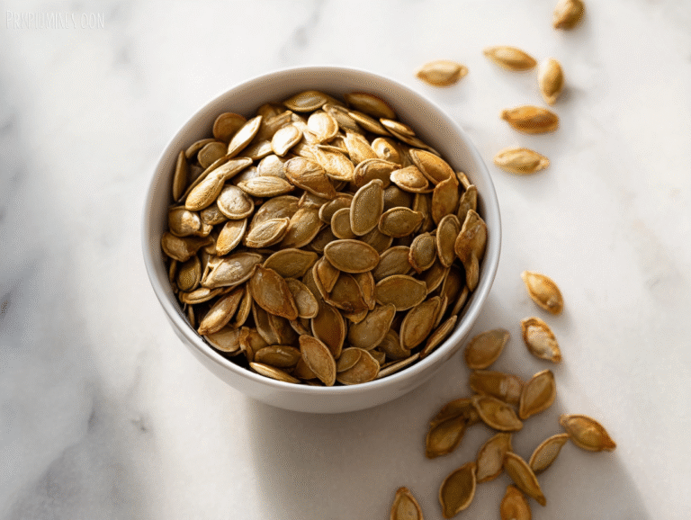 Roasted pumpkin seeds on white marble countertop