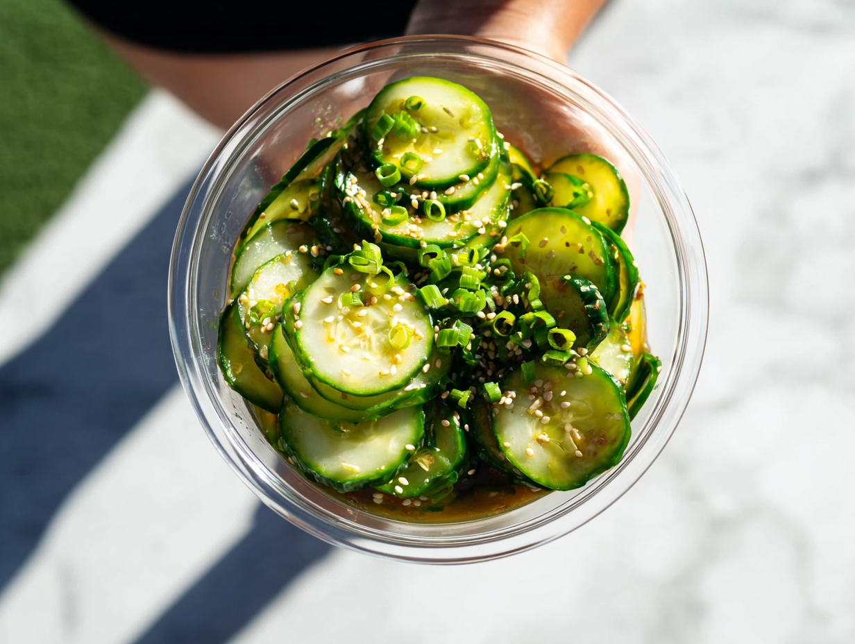 Viral cucumber salad in a rustic bowl with sesame and soy