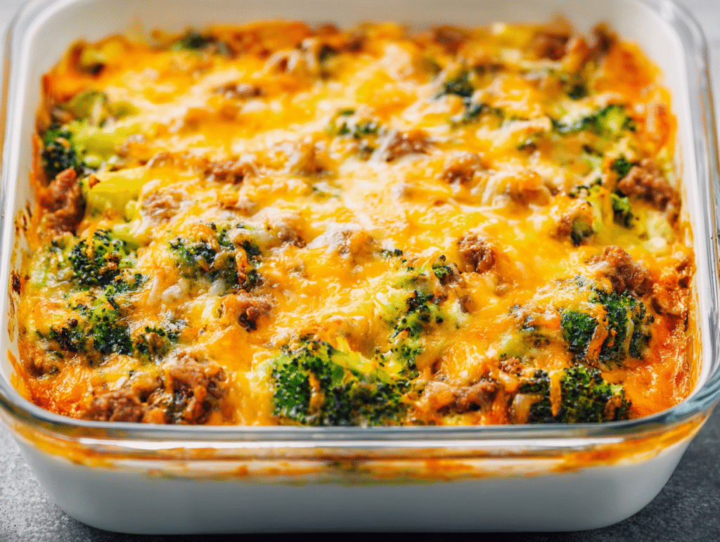 plated keto beef and broccoli casserole
