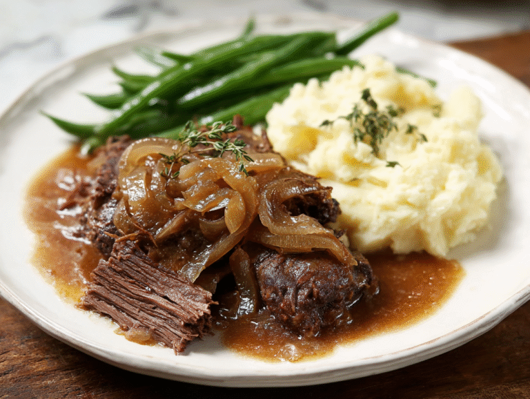 French Onion Pot Roast in Dutch oven with caramelized onions and gravy