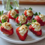 deviled strawberry cheesecake on rustic table