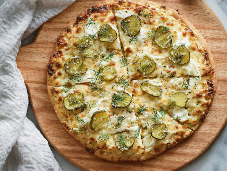 Dill pickle pizza recipe on wooden board