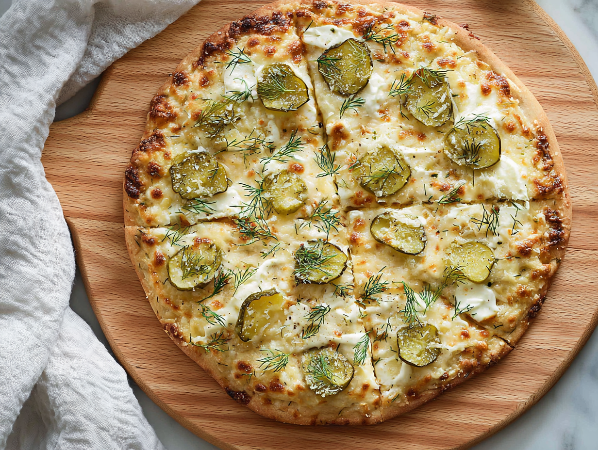 Dill pickle pizza recipe on wooden board