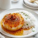Close-up of Onion Boil with Cajun seasoning and melted butter on a white plate