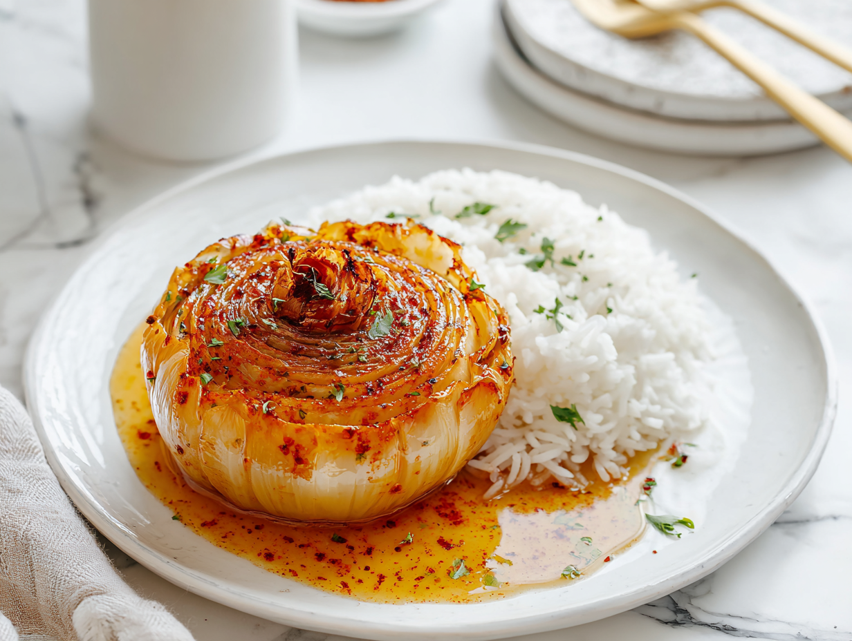 Close-up of Onion Boil with Cajun seasoning and melted butter on a white plate