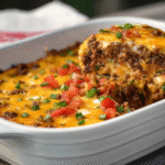 Keto taco casserole served on white plate
