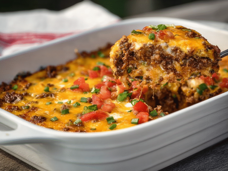Keto taco casserole served on white plate