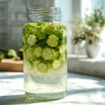 Okra Water in glass jar with fresh okra pods