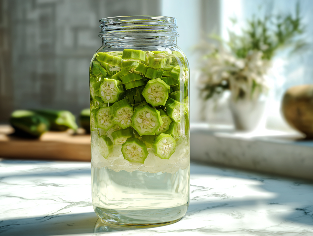 Okra Water in glass jar with fresh okra pods