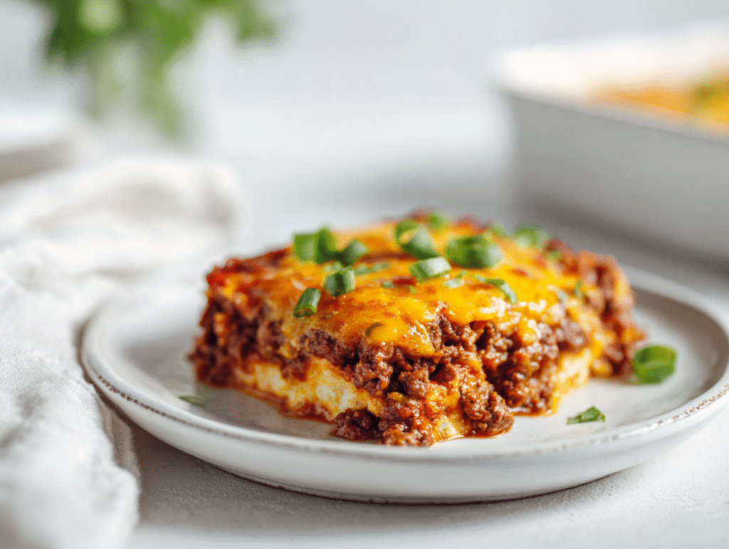 Slice of keto taco casserole with toppings