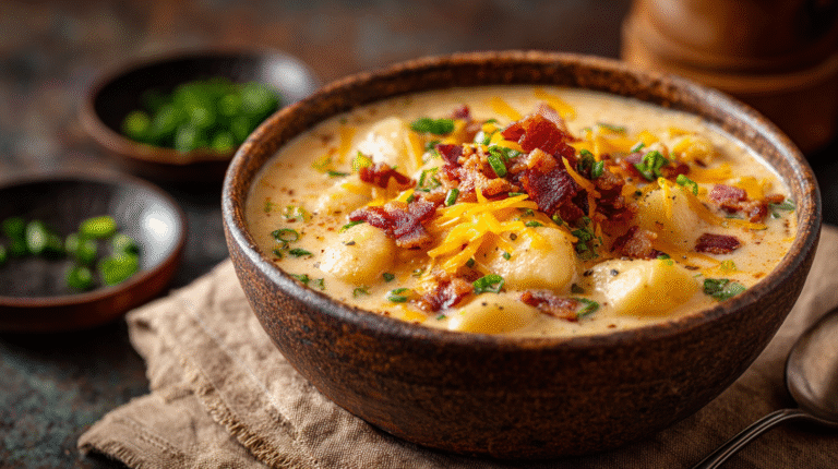 Hero shot of Meat Cheddar Gnocchi Soup with cheddar cheese and bacon