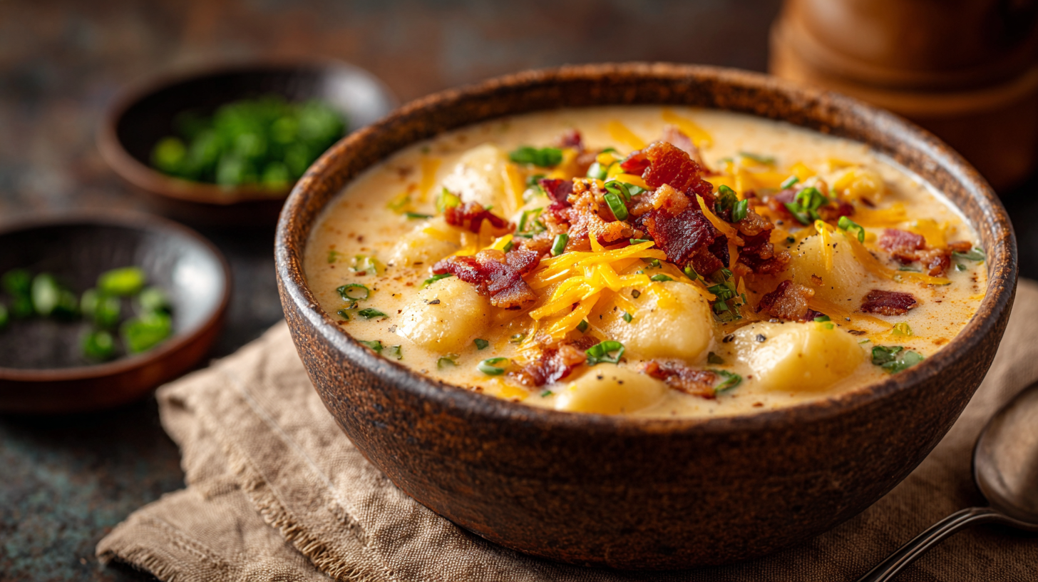 Hero shot of Meat Cheddar Gnocchi Soup with cheddar cheese and bacon