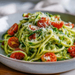 fresh zucchini noodle pasta with cherry tomatoes and parmesan