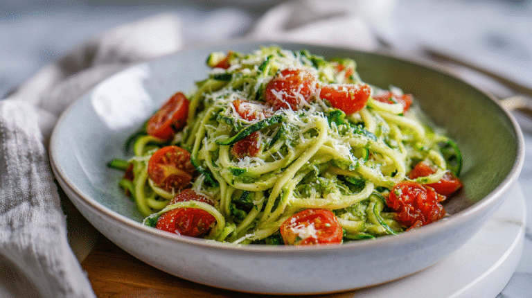 fresh zucchini noodle pasta with cherry tomatoes and parmesan