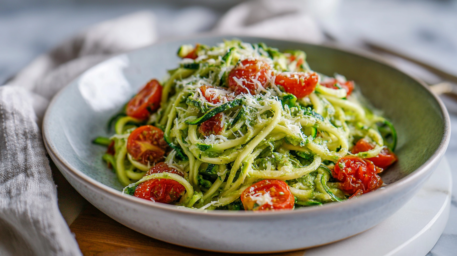 fresh zucchini noodle pasta with cherry tomatoes and parmesan