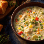 Hero shot of Chicken Pot Pie Soup with cheddar crust dippers
