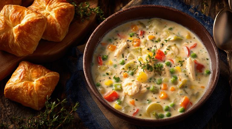 Hero shot of Chicken Pot Pie Soup with cheddar crust dippers
