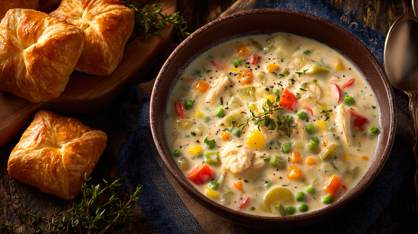 Hero shot of Chicken Pot Pie Soup with cheddar crust dippers
