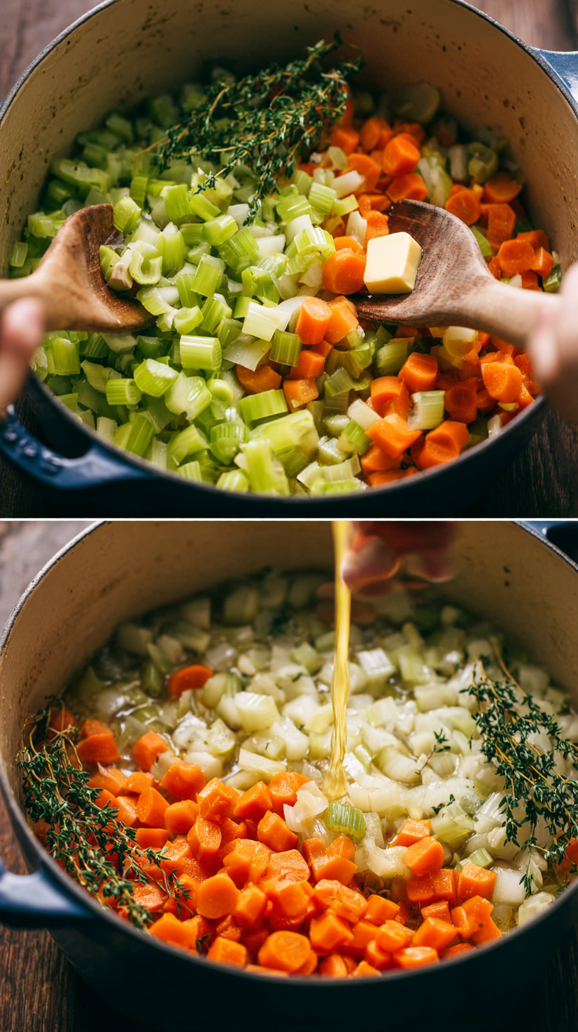 Preparing Chicken Pot Pie Soup step by step cooking process