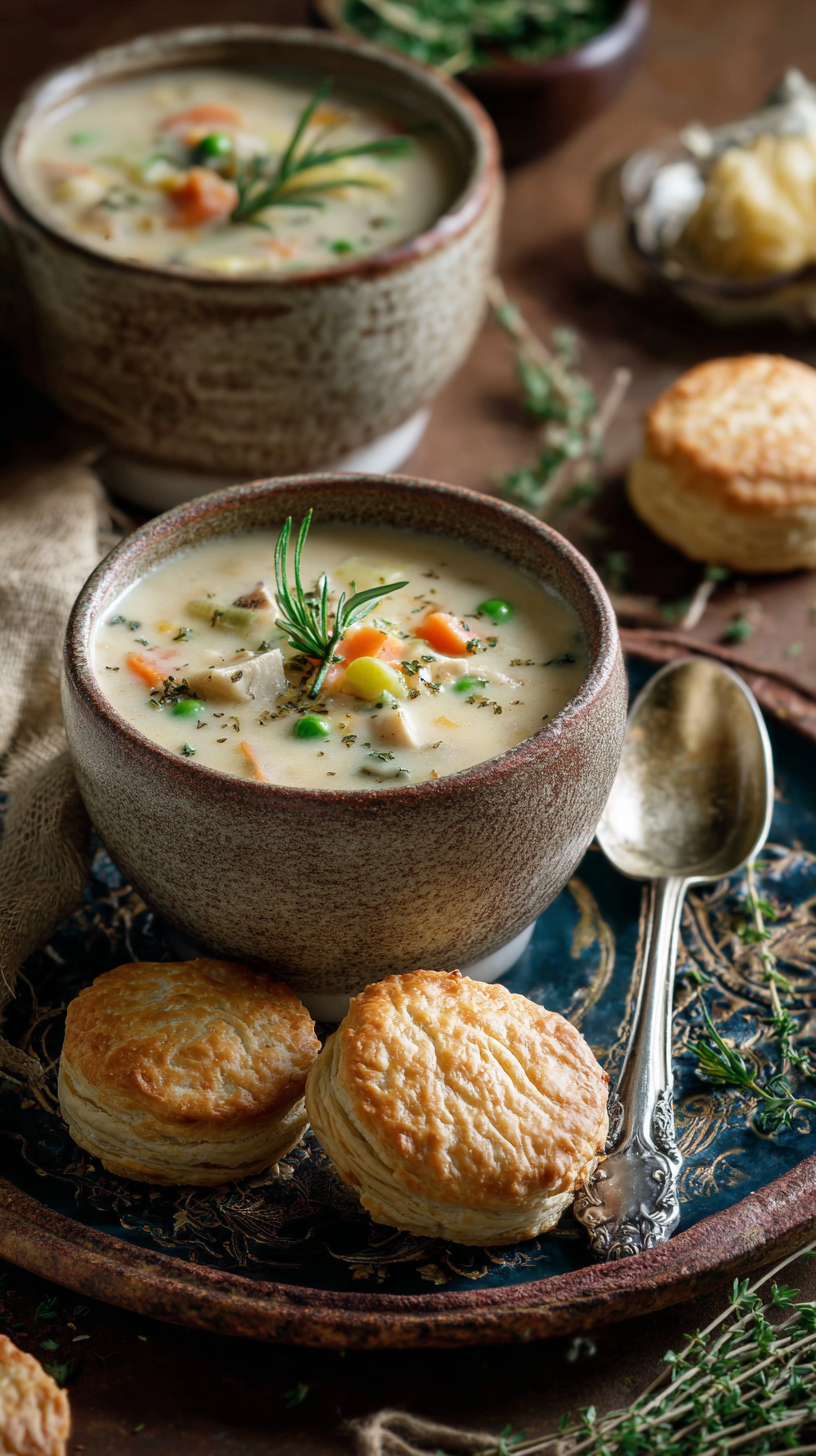 Chicken Pot Pie Soup being served on beautiful dinnerware