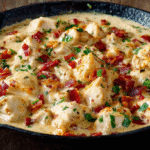 Hero shot of Creamy Cheesy Keto Crack Chicken with crispy bacon and melted cheese