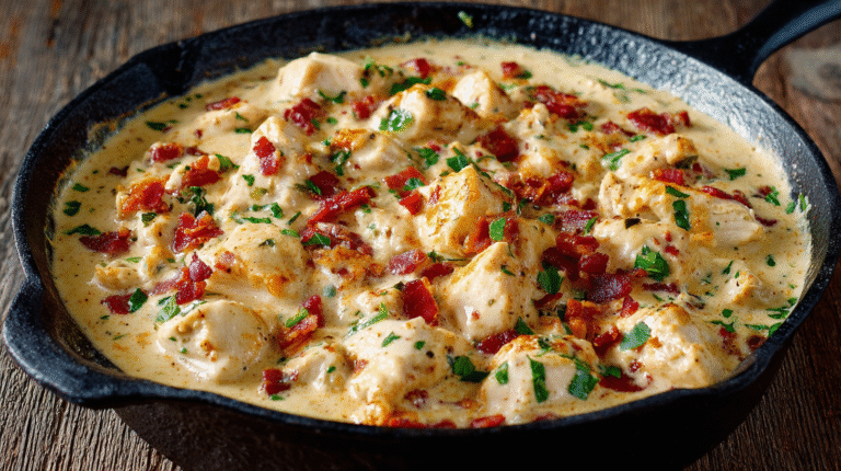 Hero shot of Creamy Cheesy Keto Crack Chicken with crispy bacon and melted cheese
