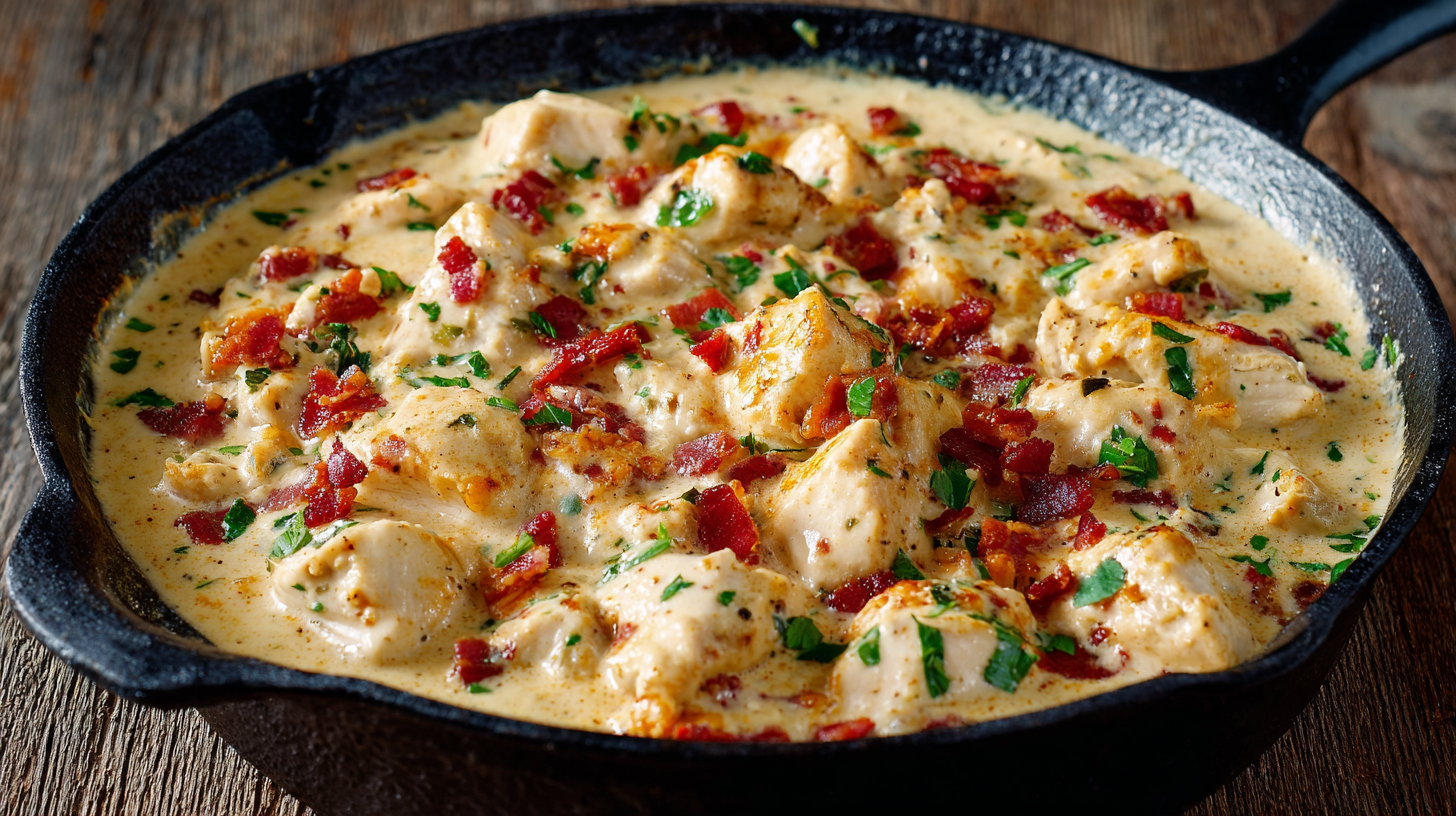 Hero shot of Creamy Cheesy Keto Crack Chicken with crispy bacon and melted cheese