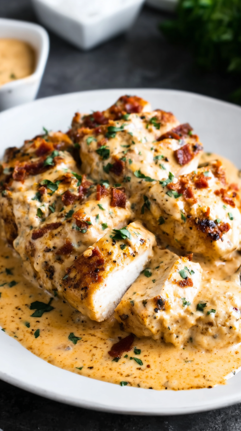 Creamy Cheesy Keto Crack Chicken being served on beautiful dinnerware