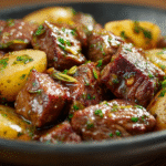 Crockpot Garlic Butter Beef Bites with Potatoes hero shot of the finished dish