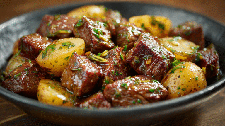 Crockpot Garlic Butter Beef Bites with Potatoes hero shot of the finished dish