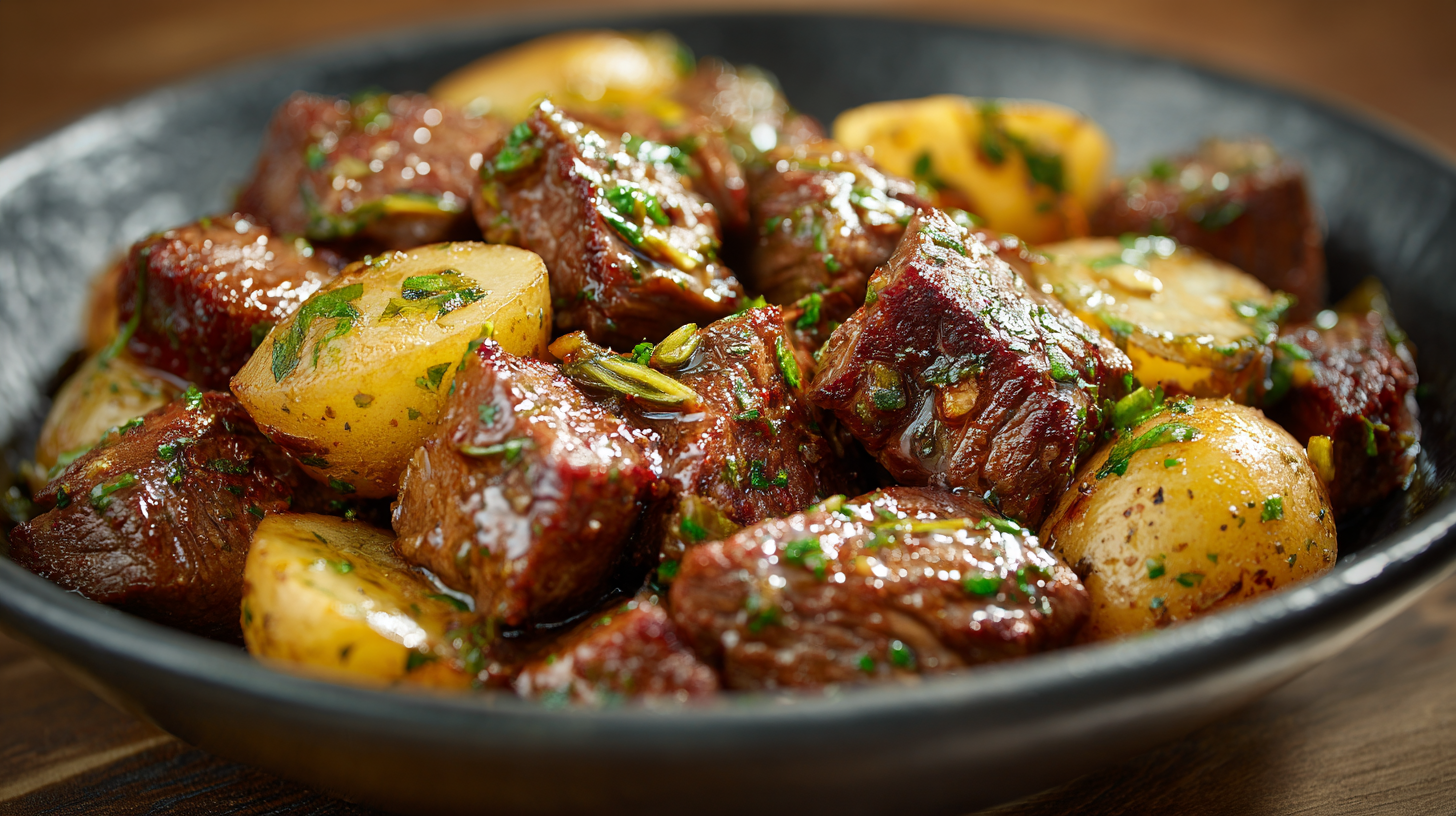 Crockpot Garlic Butter Beef Bites with Potatoes hero shot of the finished dish