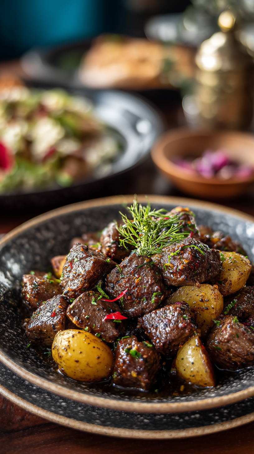 Crockpot Garlic Butter Beef Bites with Potatoes being served on beautiful dinnerware