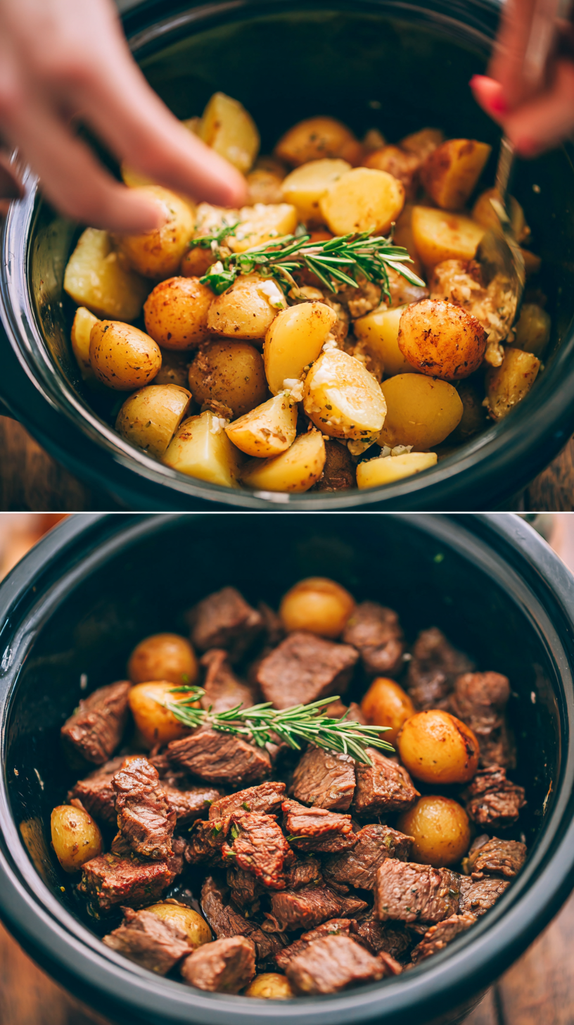 Preparing Crockpot Garlic Butter Beef Bites with Potatoes step by step cooking process