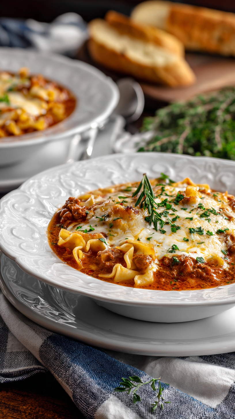 Crockpot Lasagna Soup being served on beautiful dinnerware