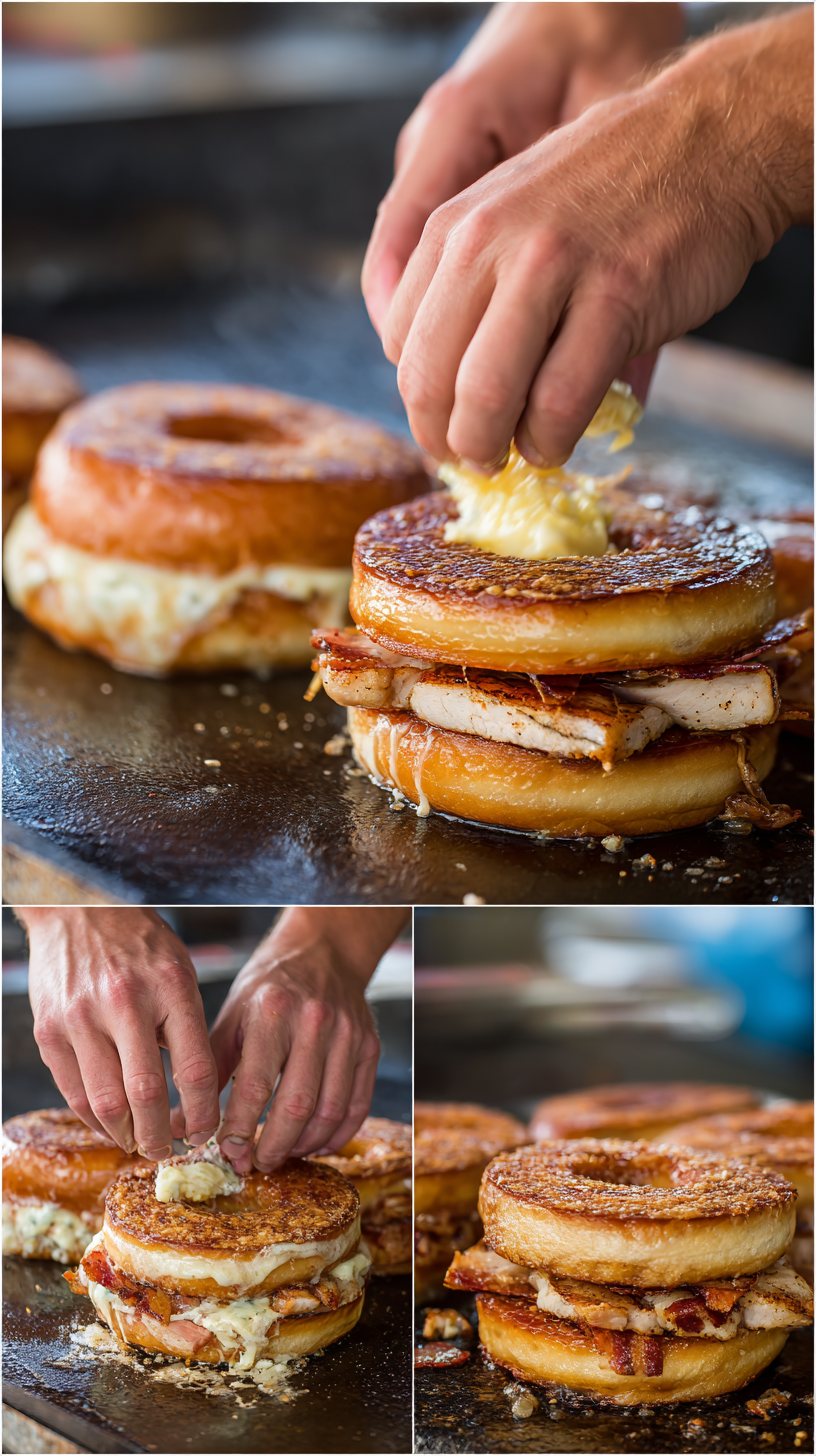 Preparing Donut grilled cheese with chicken step by step cooking process