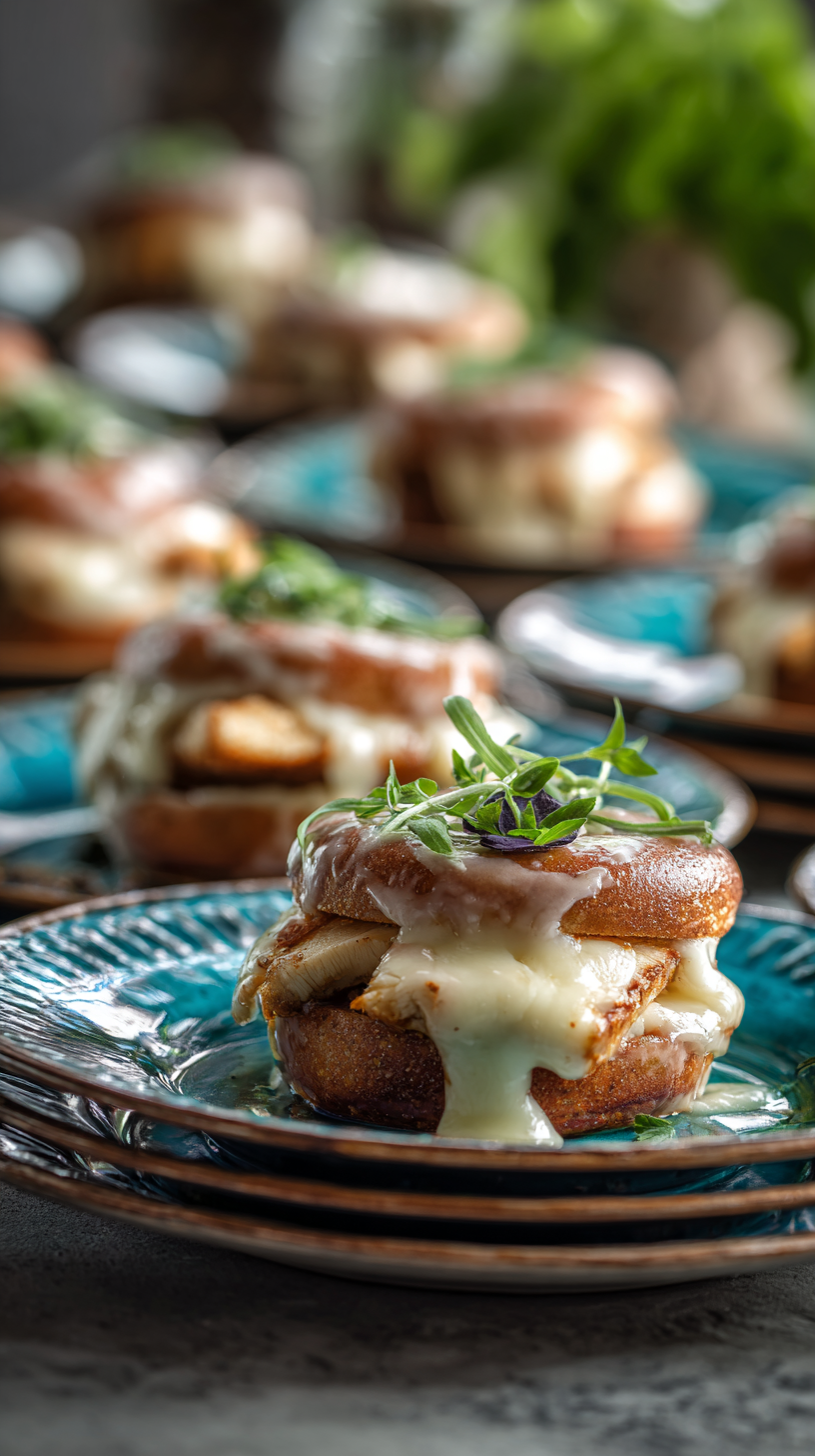 Donut grilled cheese with chicken being served on beautiful dinnerware