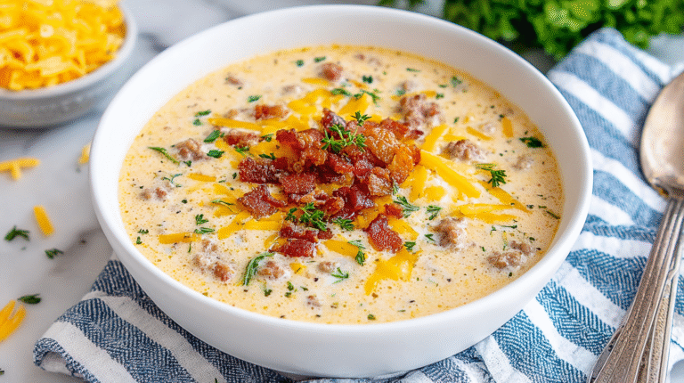 Keto Cheeseburger Soup hero shot of finished dish